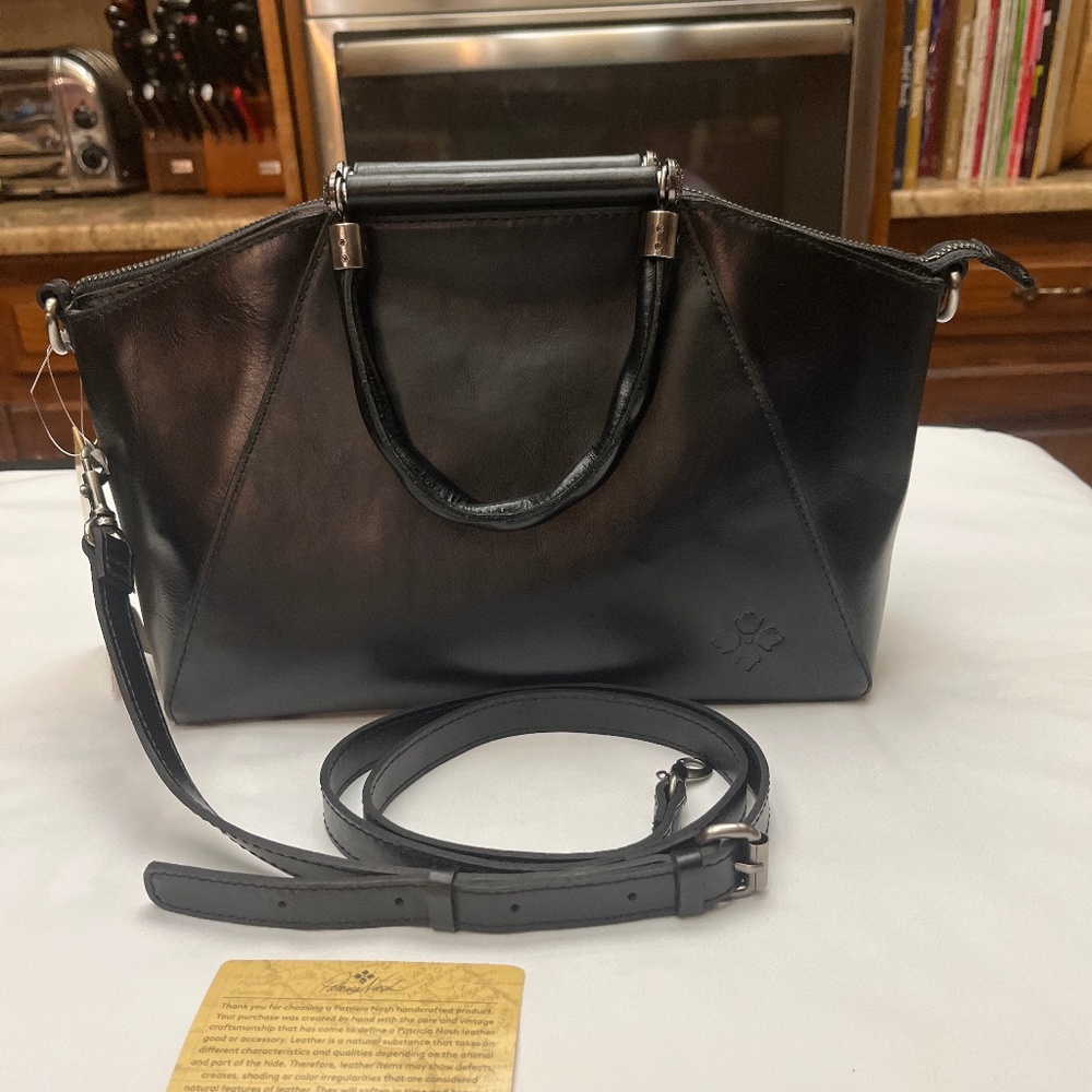 NWT, Gorgeous, Black, Real Leather, Patricia Nash Brand Satchel Bag.